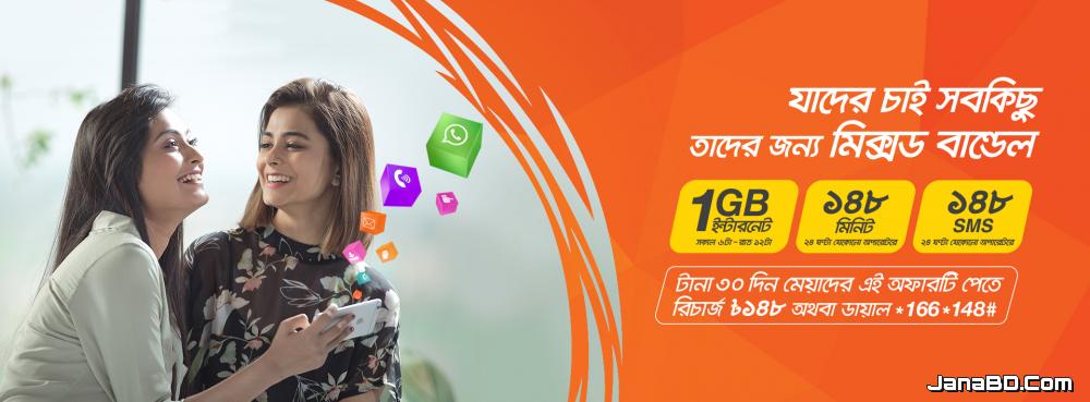 Banglalink 1 GB, 148 Minutes and 148 SMS at Tk. 148 Mixed bundle offer